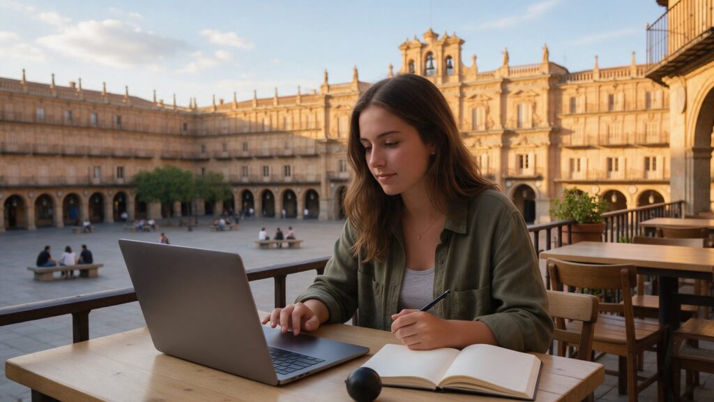 Estudiante universitaria planificando su presupuesto en una terraza de la Plaza Mayor de Salamanca