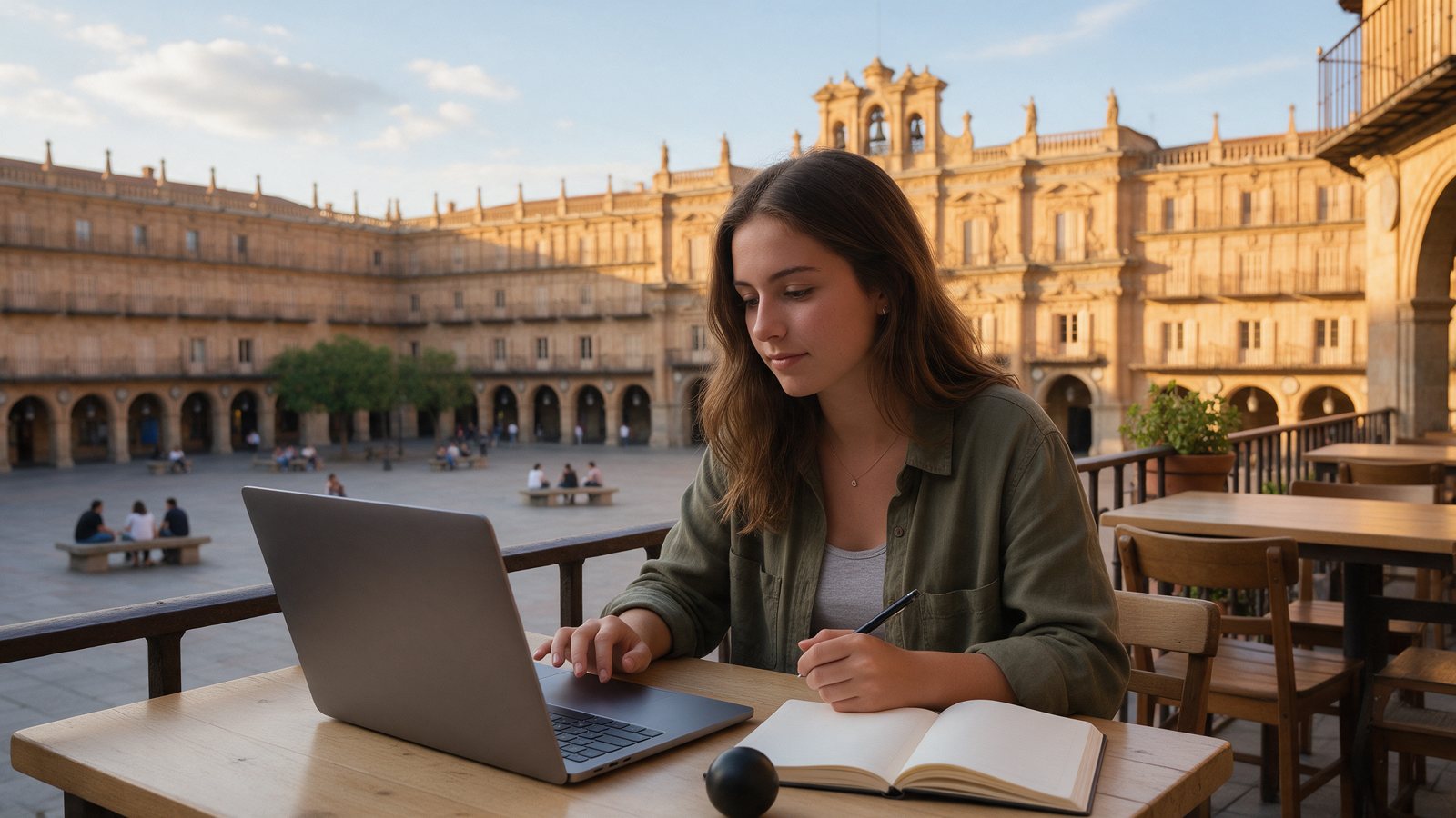 Estudiante universitaria planificando su presupuesto en una terraza de la Plaza Mayor de Salamanca
