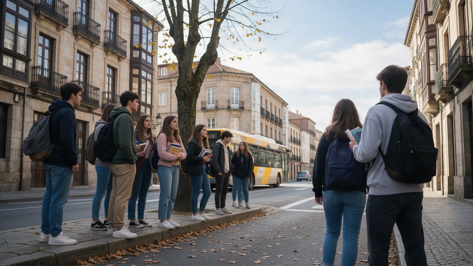 Estudiantes universitarios esperando el autobús urbano en Oviedo de camino al campus