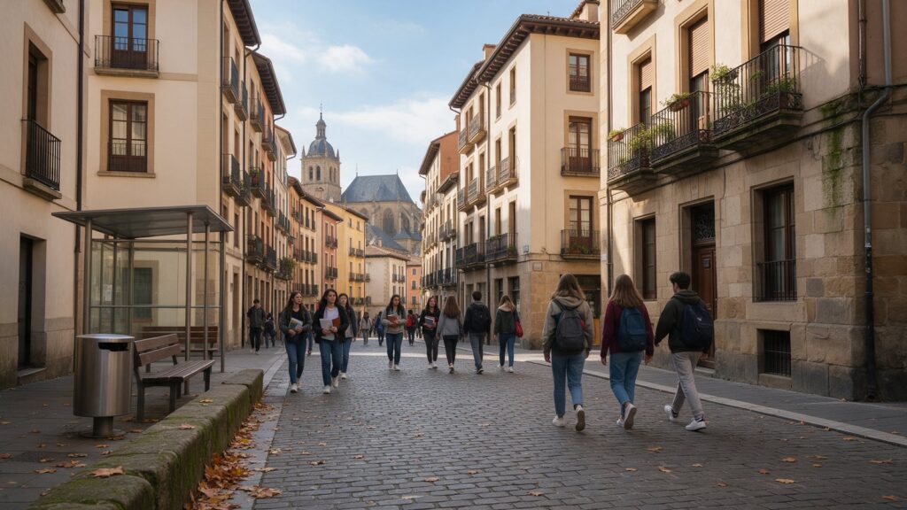 Estudiantes universitarios caminando por el casco antiguo de Pamplona