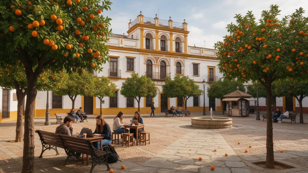 Estudiantes universitarios con portátiles en una plaza con naranjos en Sevilla