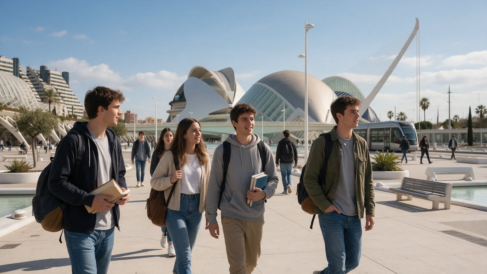 Estudiantes universitarios paseando junto a la Ciudad de las Artes y las Ciencias de Valencia