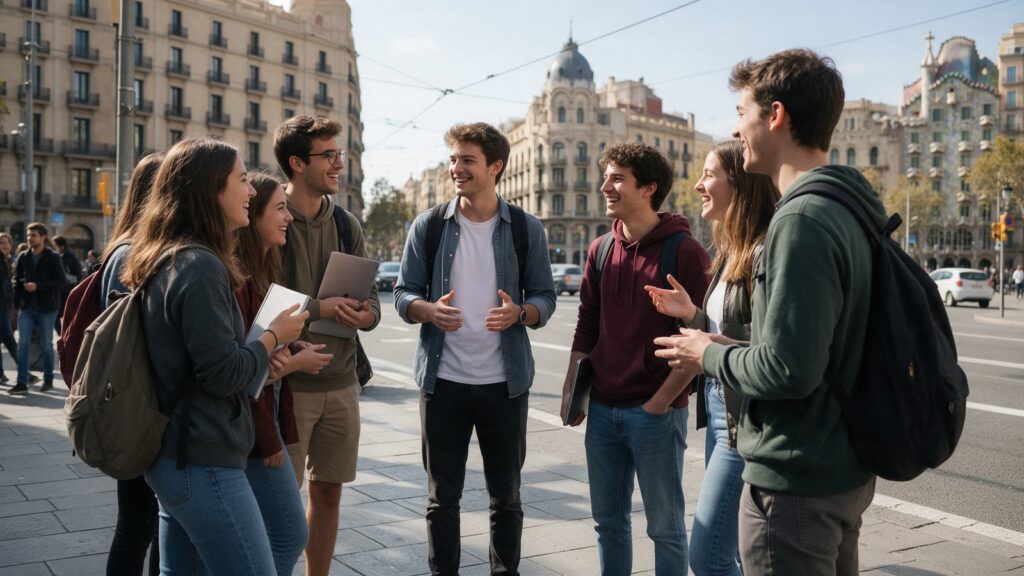 Grupo de estudiantes universitarios conversando en una calle de Barcelona con edificios modernistas